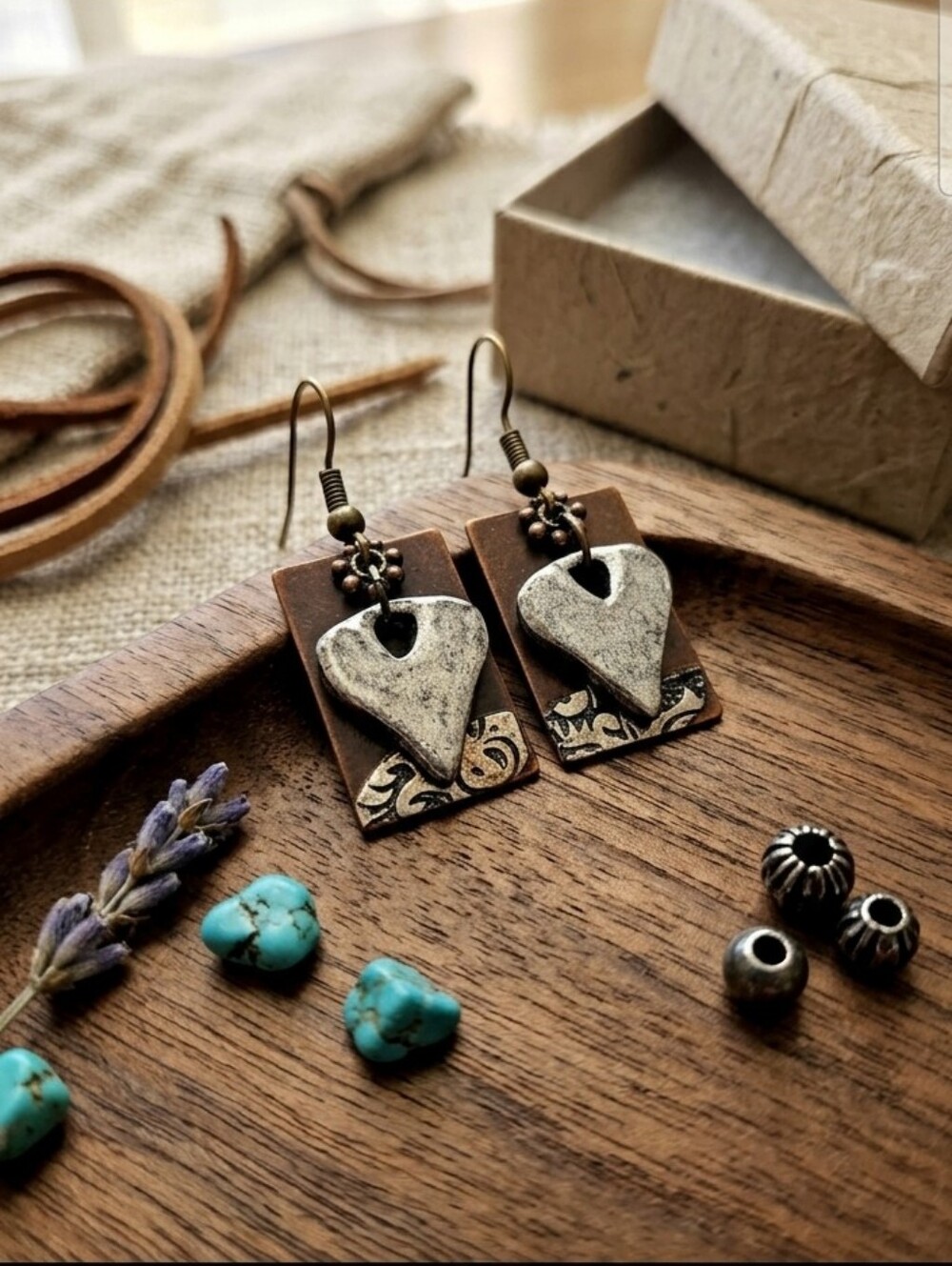 Silver and Brown Heart Earrings